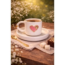 Pitaya Sanat Altın Detaylı Kalpli El Yapımı Türk Kahvesi Fincanı & Tabak Seti