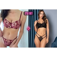 Valunor Dantelli Bordo Çiçek Desenli Balenli Askılı + Siyah Balensiz Yumuşak Esnek Sütyen ve Tanga 2'li Set