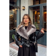 Sue Store Siyah Degrade Kürk Yakalı Kemerli Deri Ceket