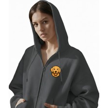 Muhtar Store Kadın Golden Retriever Baskılı Oversize Fermuarlı Hoodie