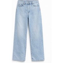 Markapia Kadın Yüksek Bel Wide Leg %100 Pamuk Buz Mavisi Jean Pantolon