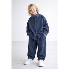 Kr Kids Butik Erkek Çocuk Kadife Gömlek Pantolon Takım Lacivert – Lastikli Bel Rahat Kalıp 2 Parça