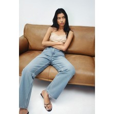 Markapia Kadın Yüksek Bel Mom Fit Buz Mavisi Jean Pantolon