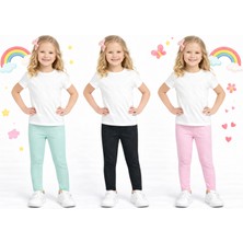 İncili Kız Çocuk 3’lü Şardonlu Kışlık Tayt Seti (Mint / Siyah / Pembe) – Yumuşak Içi Şardon, Sıcak Tutan