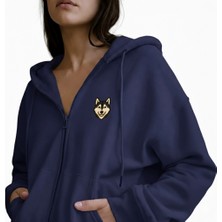 Muhtar Store Kadın Husky Baskılı Oversize Fermuarlı Hoodie