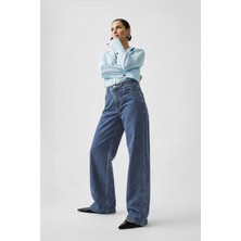 Markapia Kadın Mavi Yüksek Bel Wide Leg Jean Pantolon