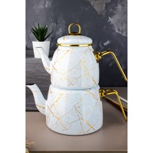 Paçi Elite Class Beyaz Kırık Mermer Emaye Çaydanlık 1.1 Litre Üst 2.1 Litre Alt Özellikli