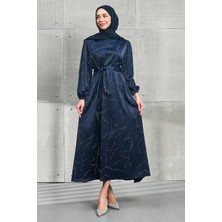 İmaj Butik Lacivert Taşlı Kuşaklı Saten Elbise
