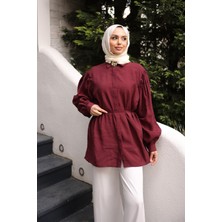 İmaj Butik Bordo Bel Bağlamalı Broşlu Modal Tunik