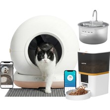 Haustier CB002 Bej Kameralı Akıllı Otomatik Kedi Tuvaleti, QQ003 Beyaz Akıllı Mama Kabı+ WF009LS Beyaz Kedi Su Pınarı