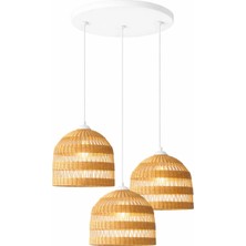 JouJou El Yapımı Rustik Rattan 3'lü Avize Lumı 30 x 35 cm | Doğal Kök Boya Vernikli Iskandinav Aydınlatma