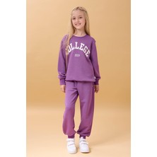 Perendi Kız Çocuk Bisiklet Yaka Kabartma Yazı Detaylı 2'li Eşofman Takımı Şardonsuz