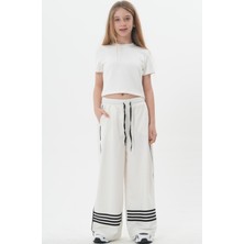 Haykids Kız Çocuk Beyaz Bol Paça Palazzo Eşofman Altı - Siyah Çizgi Detaylı