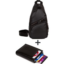 Newish Polo Yıkama Deri USB Çapraz Göğüs Bel Omuz Çantası ve Mekanizmalı Cüzdan NEWPOLO210 - Siyah