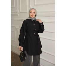 İmaj Butik Siyah Kendinden Desenli Ip Detaylı Gömlek