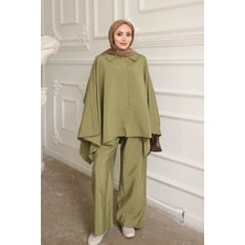 İmaj Butik Haki Düğmeli Pantolonlu Panço Takım