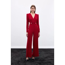 Sateen Kruvaze Süs Taşlı Krep Tulum - Kırmızı