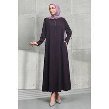 İmaj Butik Mürdüm Bisiklet Yaka Taşlı Fermuarlı Ferace