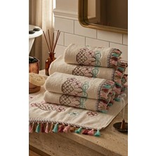 Z&N Style (6'lı Set) Çeyizlik 50X90 Cm. Kanaviçe Çiçek Desenli Püsküllü Kadife Lüks Havlu Seti