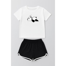 Perendi Kız Çocuk Panda Baskılı Biye Detaylı Şortlu Takım