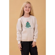 Perendi Kız Çocuk Bisiklet Yaka Nakış Detaylı Kışlık Sweatshirt