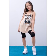 Perendi Kız Çocuk Leopar Desenli Minnie Mouse Baskılı Askılı Tunik ve Tayt Takımı