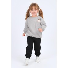Perendi Kız Çocuk Bisiklet Yaka Baskı Detaylı Sweatshirt ve Içi Polarlı Jogger Alt Takım