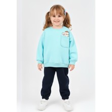 Perendi Kız Çocuk Bisiklet Yaka Baskı Detaylı Sweatshirt ve Içi Polarlı Jogger Alt Takım