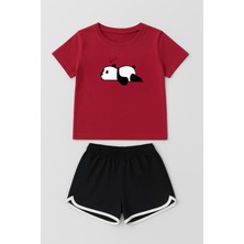 Perendi Kız Çocuk Panda Baskılı Biye Detaylı Şortlu Takım