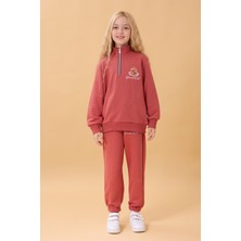 Perendi Kız Çocuk Yüksek Yaka Fermuarlı Nakış Detaylı Mevsimlik Eşofman Takımı