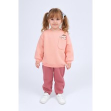 Perendi Kız Çocuk Bisiklet Yaka Baskı Detaylı Sweatshirt ve Içi Polarlı Jogger Alt Takım