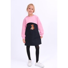 Perendi Kız Çocuk Ayıcık Nakışlı Elbise ve Crop Sweatshirt