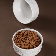 Pettrend Beyaz Kedi Köpek Mama Kabı 2li Seramik Kabartmalı Kedi Köpek Mama ve Su Kabı 13.5 cm (500ML)