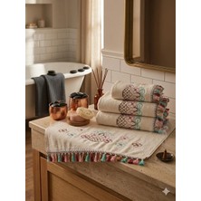 Z&N Style (3'lü set) Çeyizlik 50X90 Cm. Kanaviçe Çiçek Desenli Püsküllü Kadife Lüks Havlu Seti