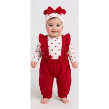 Kız Bebek Salopet Takım Kalpli Body ve Bandanalı 3'lü Takım