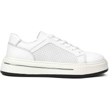Celal Gültekin Erkek Beyaz Baskılı Bağcıklı Kalın Tabanlı Deri Sneaker
