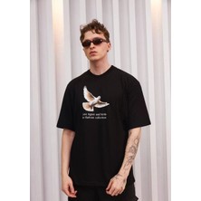 Glam Love Bisiklet Yaka Baskılı Oversize T-Shirt - Siyah -