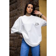 Glam Love Bisiklet Yaka Baskılı Oversize T-Shirt - Beyaz -