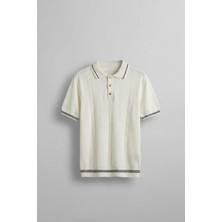 Abluka Online Erkek Regular Fit Saç Örgü Detaylı Triko Polo Yaka T Shirt Beyaz