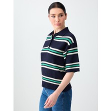 Jimmy Key Lacivert Polo Yaka Kısa Kollu Çizgili Triko Bluz