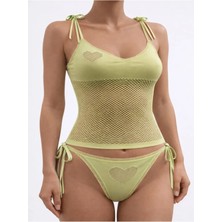 Özpek Giyim Kadın Yeşil Kalp Desenli File Atlet & Ipli Külot Takımı