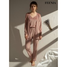 Feenia Veloursy Gül Kurusu Kadife Sabahlıklı Kuşaklı Kadın Üçlü Pijama Takımı