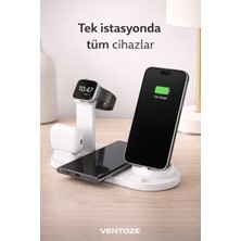 Ventoze Universal Kablosuz Şarj Standı | Şarj Girişli, Saat ve Kulaklık Bölmeli Masaüstü Düzenleyici (Beyaz)