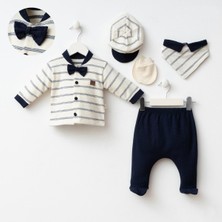 Mammaso 🎩 Miniycool Çizgili Smokin Erkek Bebek 5’li Hastane Çıkışı Set – %100 Pamuk Yenidoğan Bebek Seti