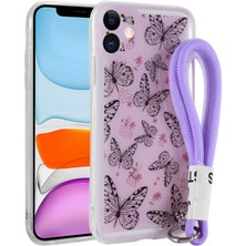 iPhone 11 Kılıf Desenli El Askılı Ipli Nrtk Astana Silikon Kapak-Kelebek