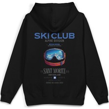 Overoz Ski Club Kayak Snowboard Baskılı Kapüşonlu Yarı Oversize Sweatshirt Hoodie 1409