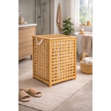 Syn Aksesuar Modern Ahşap Bambu Çamaşır Sepeti – Dayanıklı, Iç Astarlı ve Kapaklı Çamaşırlık 58*40 cm