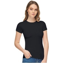 Elit Kadın Siyah Sıfır Yaka Likralı Kısa Kol T-Shirt-Siyah-L