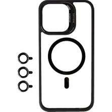 Apple iPhone 15 Pro Kılıf Magsafe Wireless Şarj Özellikli Standlı Nrtk Magsafe Klon Lensli Kapak-Siyah