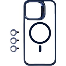 Apple iPhone 15 Pro Kılıf Magsafe Wireless Şarj Özellikli Standlı Nrtk Magsafe Klon Lensli Kapak-Lacivert